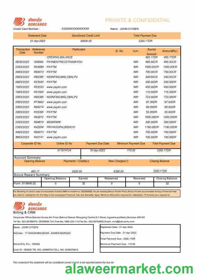 India Bank of Baroda BOBCARDS bank statement